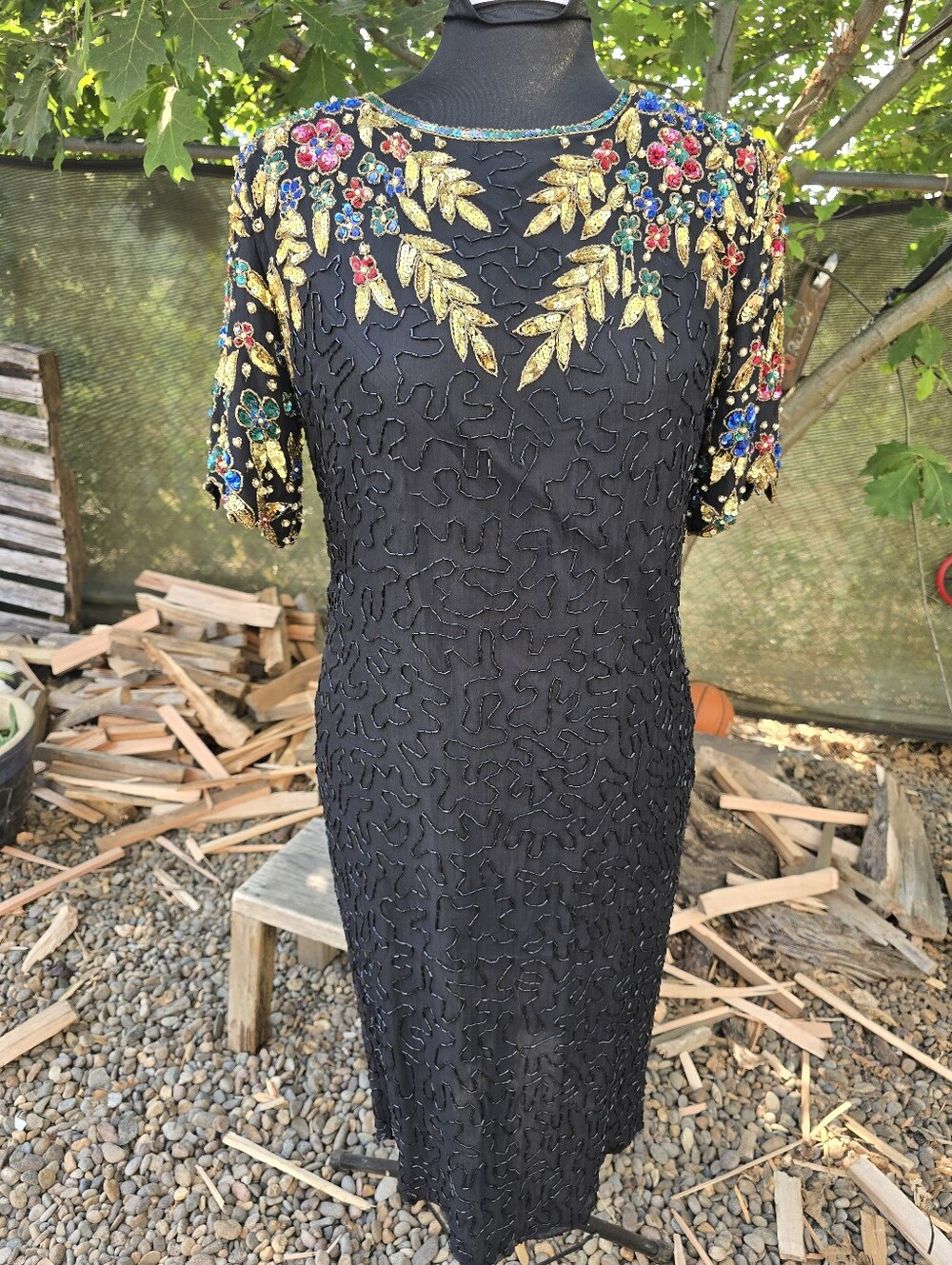 Vtg 80's Silk Black Gold Sequin Cocktail Dress Dynasty Glam Night Club Art Deco